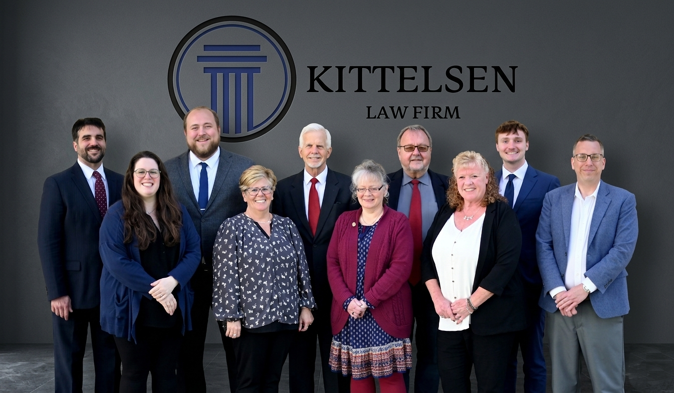 Group photo of ten lawyers and staff posed in front of a wall with the Kittelsen Law Firm logo, wearing professional attire and smiling.